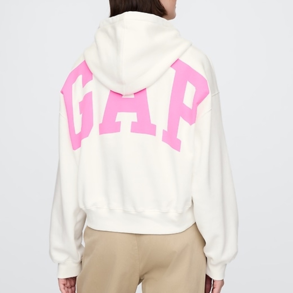 GAP VintageSoft Crop Logo Hoodie Size L White/Pink LIMITED EDITION